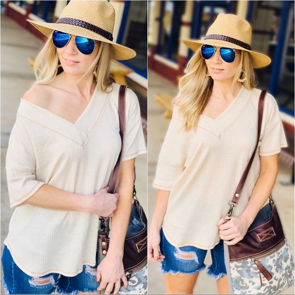 JUST ME WAFFLE KNIT V-NECK TOP-OATMEAL - Picture 2 of 5